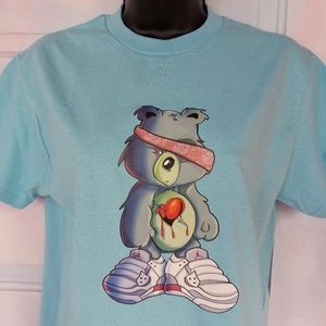😵ToughLoveBear! Carebear spoof tee! Bada$$ tough bear ooak tee on baby blue!